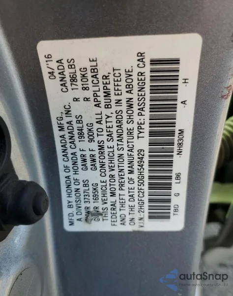 2016 Honda Civic Lx from USA, damaged, VIN 2HGFC2F50GH549429